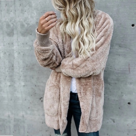 Taupe Sherpa Jacket w/ Front Pockets - Picture 2 of 4